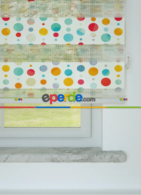 Kırmızı Sarı Puan Desenli Baskılı Zebra Perde