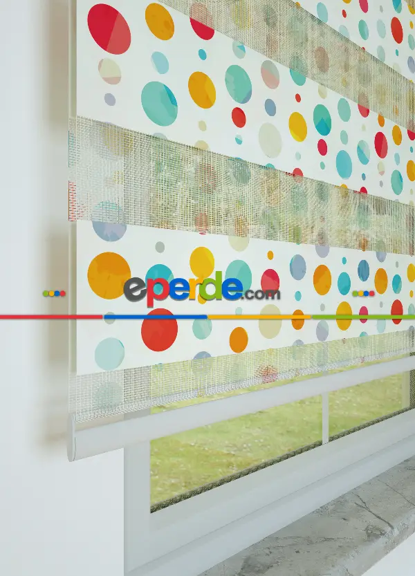 Kırmızı Sarı Puan Desenli Baskılı Zebra Perde