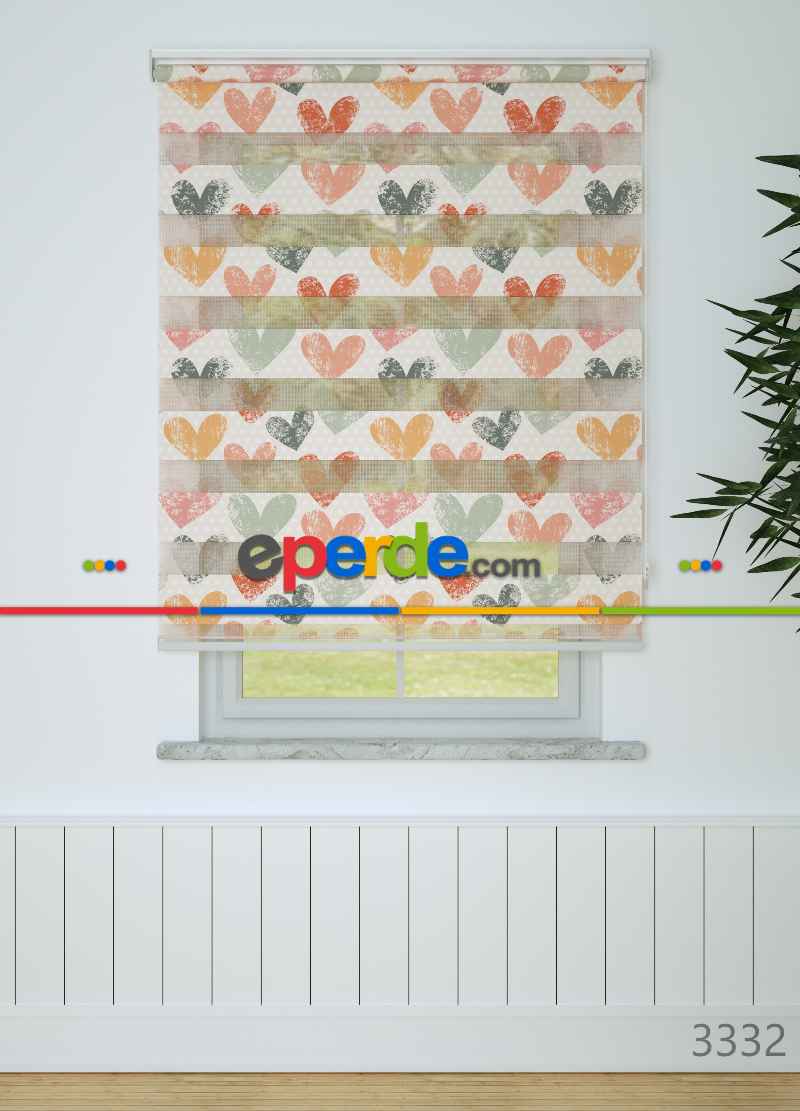 Pudra Turuncu Kalp Desenli Baskılı Zebra Perde