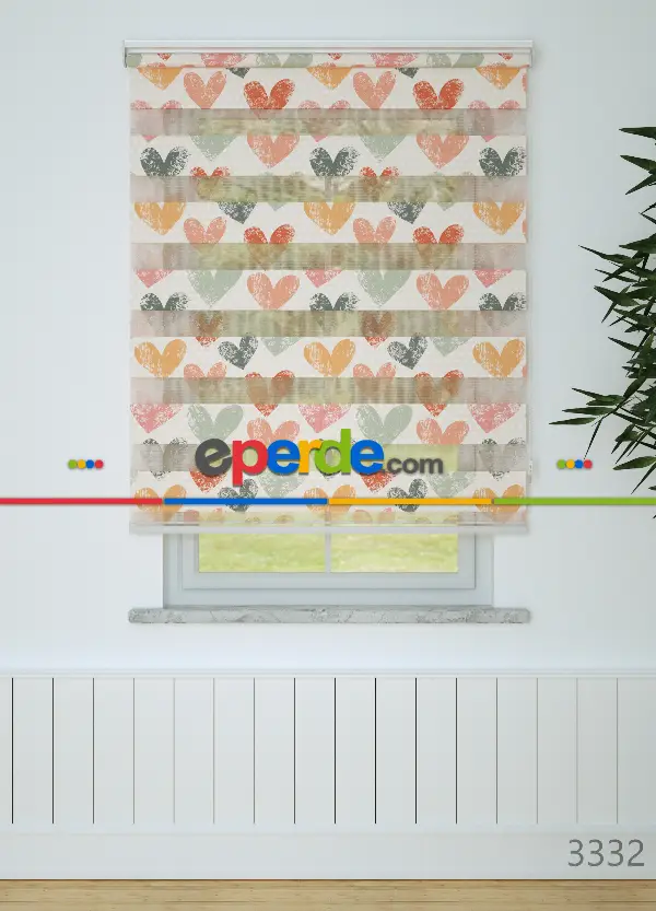 Pudra Turuncu Kalp Desenli Baskılı Zebra Perde