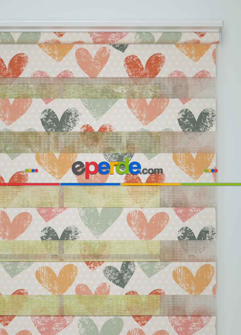 Pudra Turuncu Kalp Desenli Baskılı Zebra Perde
