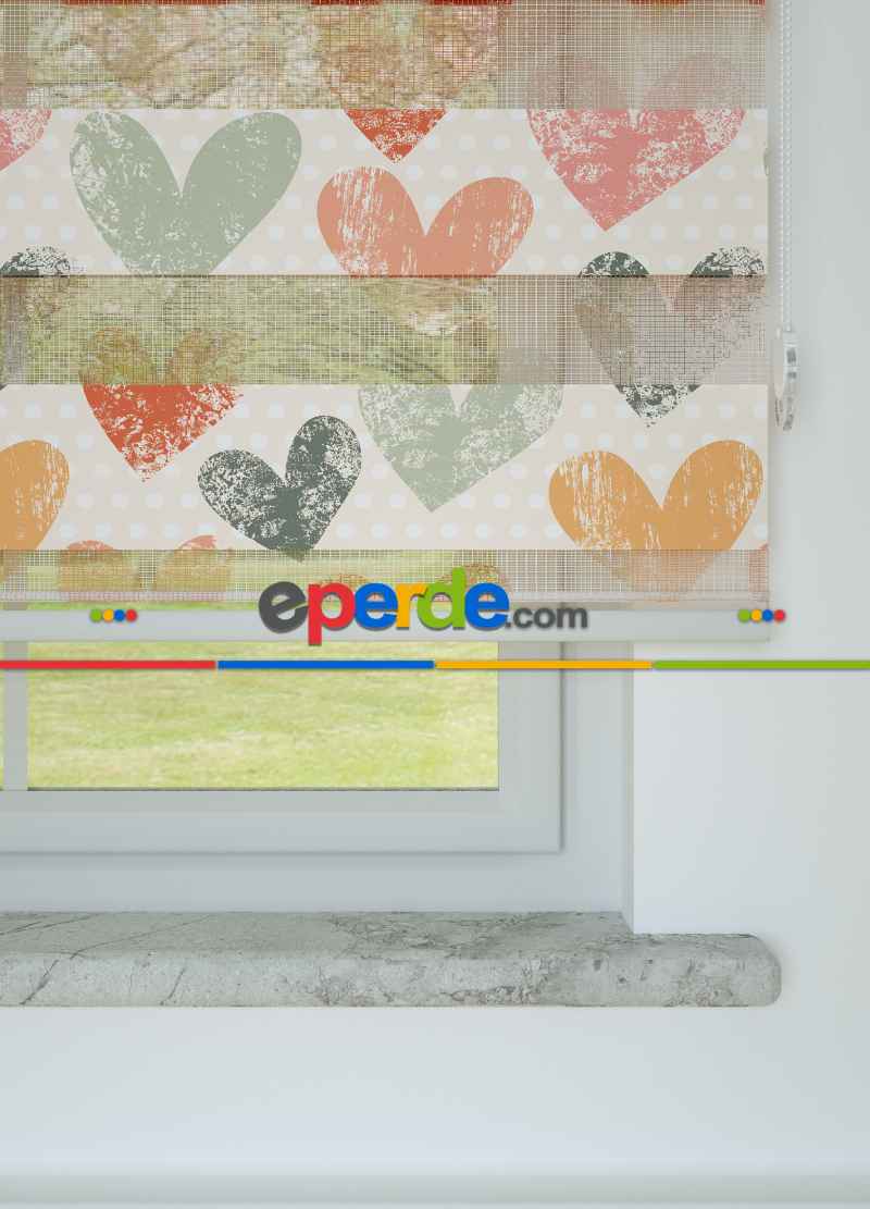 Pudra Turuncu Kalp Desenli Baskılı Zebra Perde