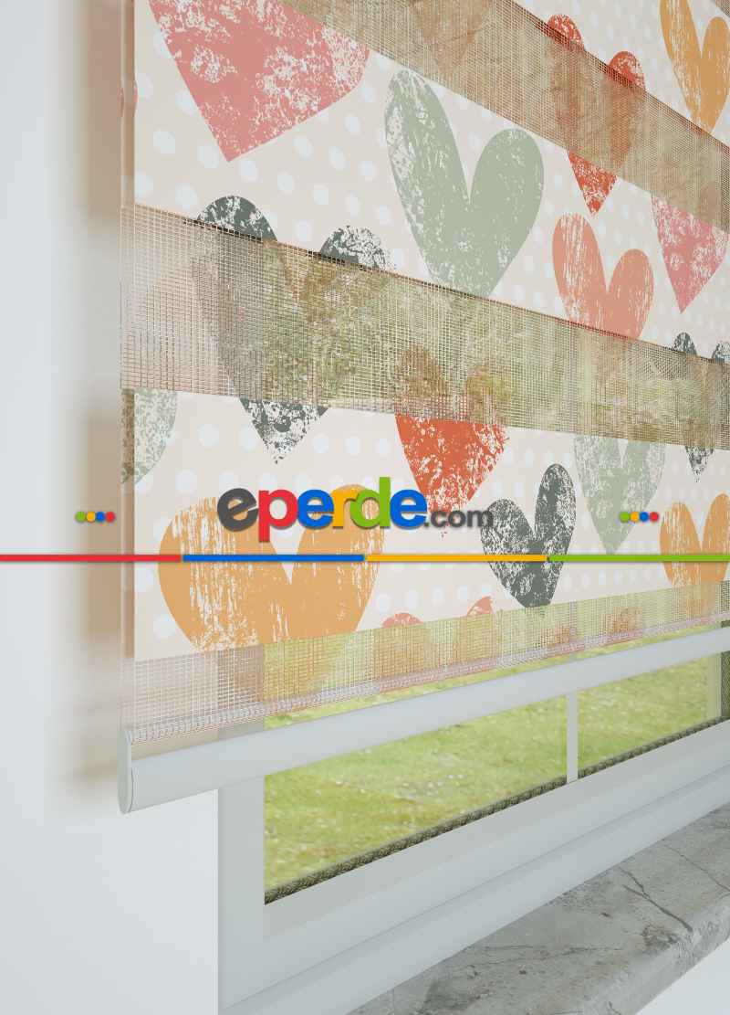 Pudra Turuncu Kalp Desenli Baskılı Zebra Perde