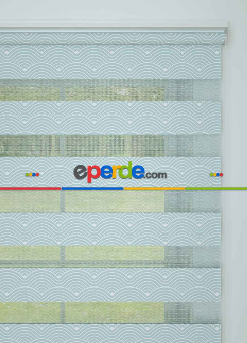 Bebek Odası - Soğuk Mavi Dalga Desenli Baskılı Zebra Perde