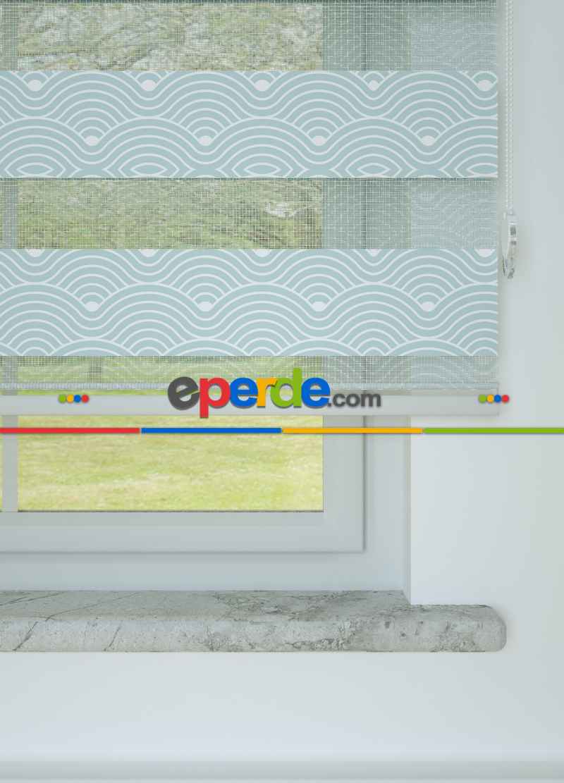 Bebek Odası - Soğuk Mavi Dalga Desenli Baskılı Zebra Perde