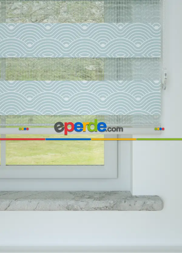 Bebek Odası - Soğuk Mavi Dalga Desenli Baskılı Zebra Perde