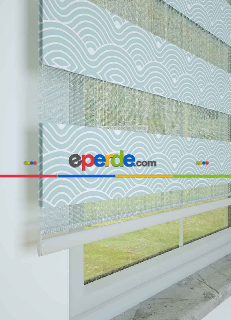 Bebek Odası - Soğuk Mavi Dalga Desenli Baskılı Zebra Perde