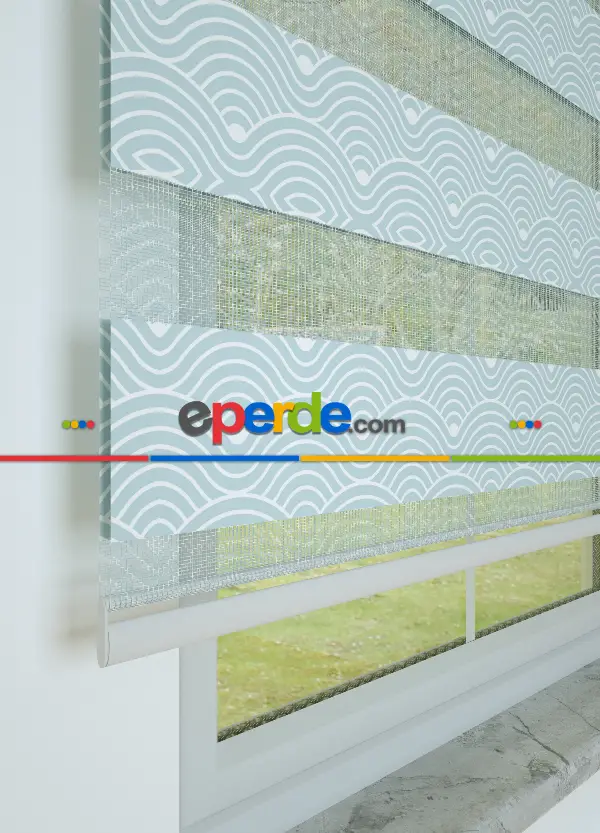 Bebek Odası - Soğuk Mavi Dalga Desenli Baskılı Zebra Perde