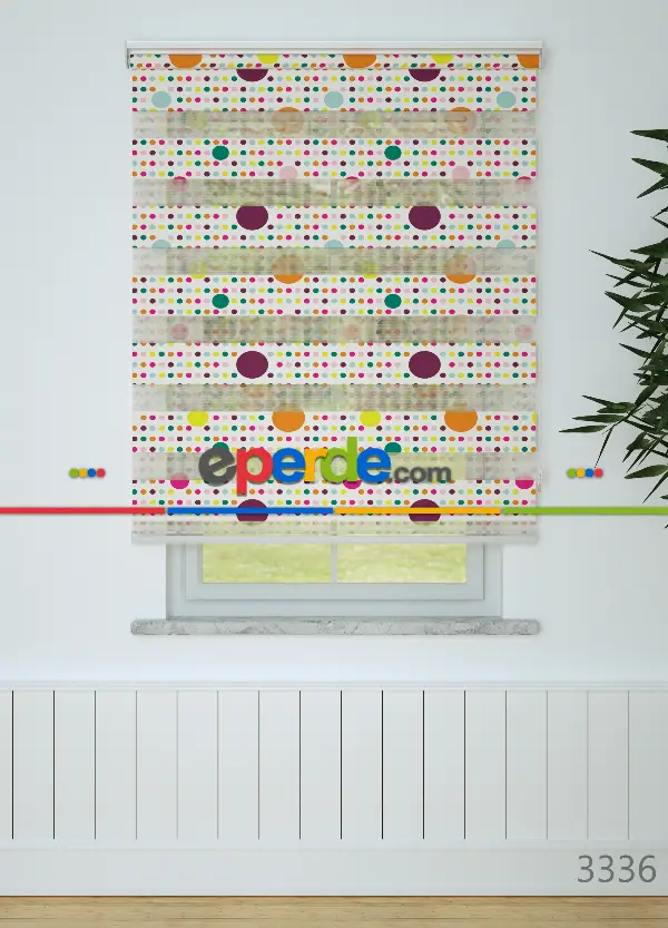 Turuncu Yeşil Puan Desenli Baskılı Zebra Perde