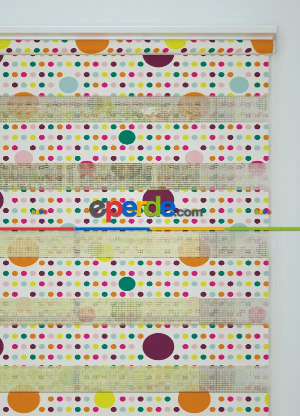 Turuncu Yeşil Puan Desenli Baskılı Zebra Perde