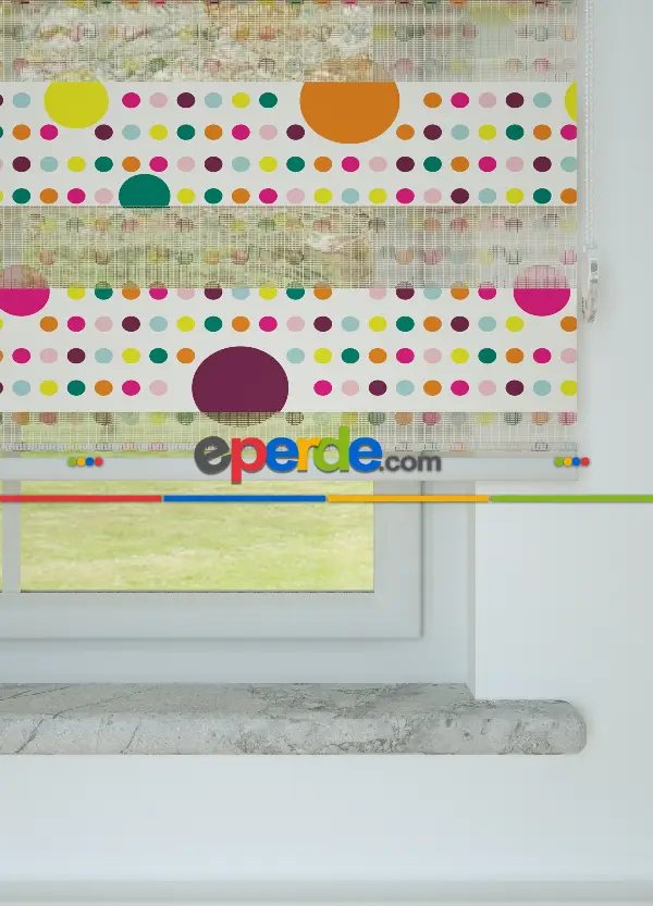 Turuncu Yeşil Puan Desenli Baskılı Zebra Perde