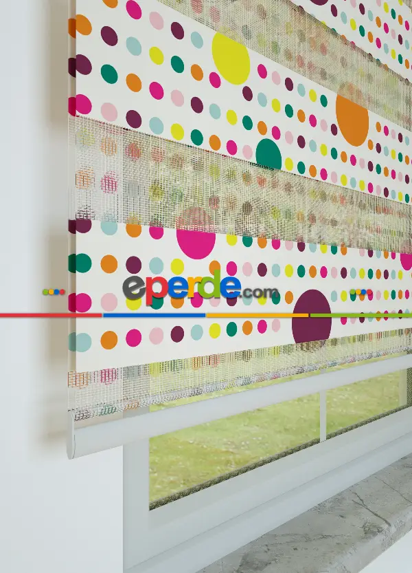 Turuncu Yeşil Puan Desenli Baskılı Zebra Perde