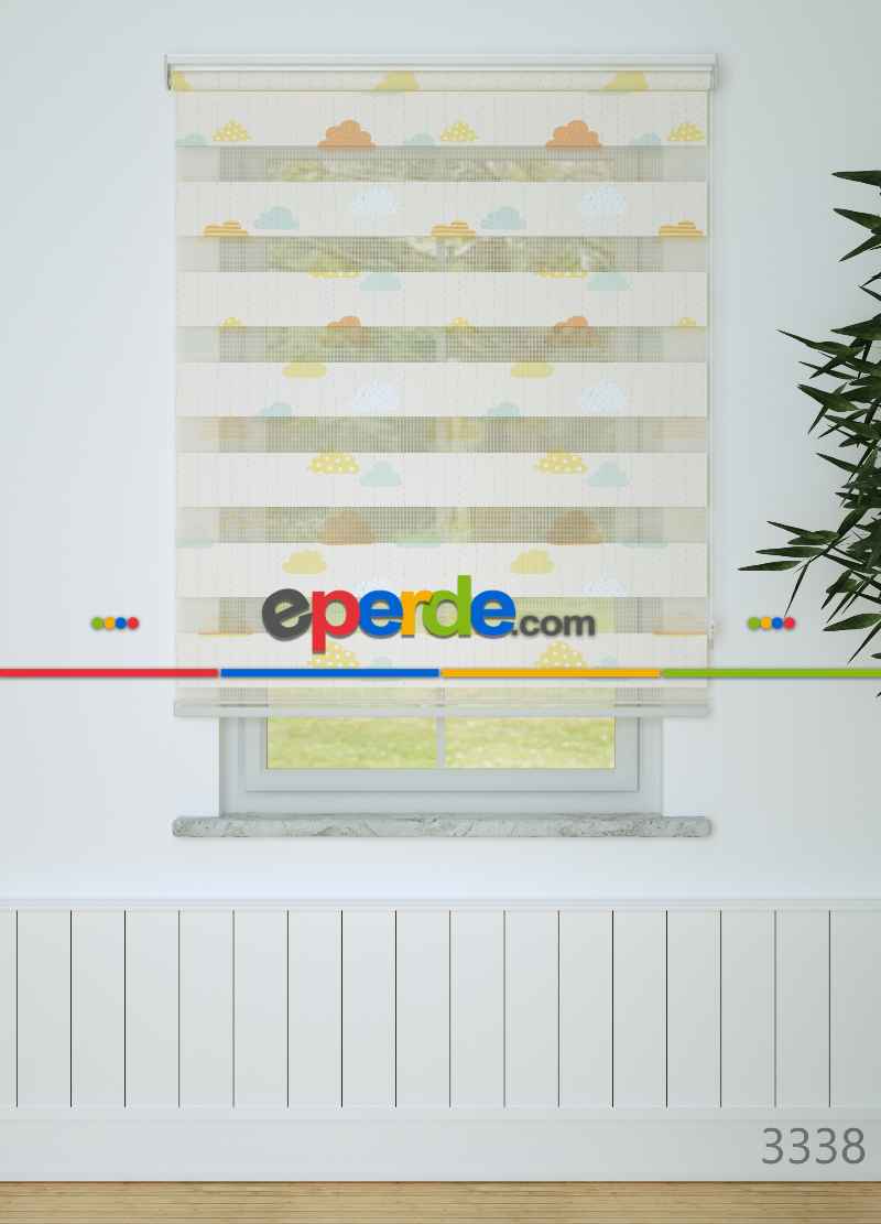 Çocuk Odası - Turuncu Mavi Bulut Ve Yağmur Desenli Baskılı Zebra Perde