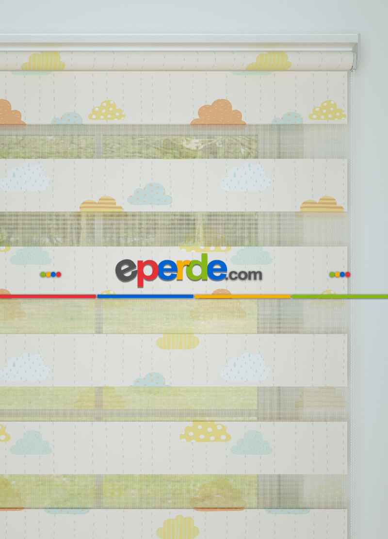 Çocuk Odası - Turuncu Mavi Bulut Ve Yağmur Desenli Baskılı Zebra Perde