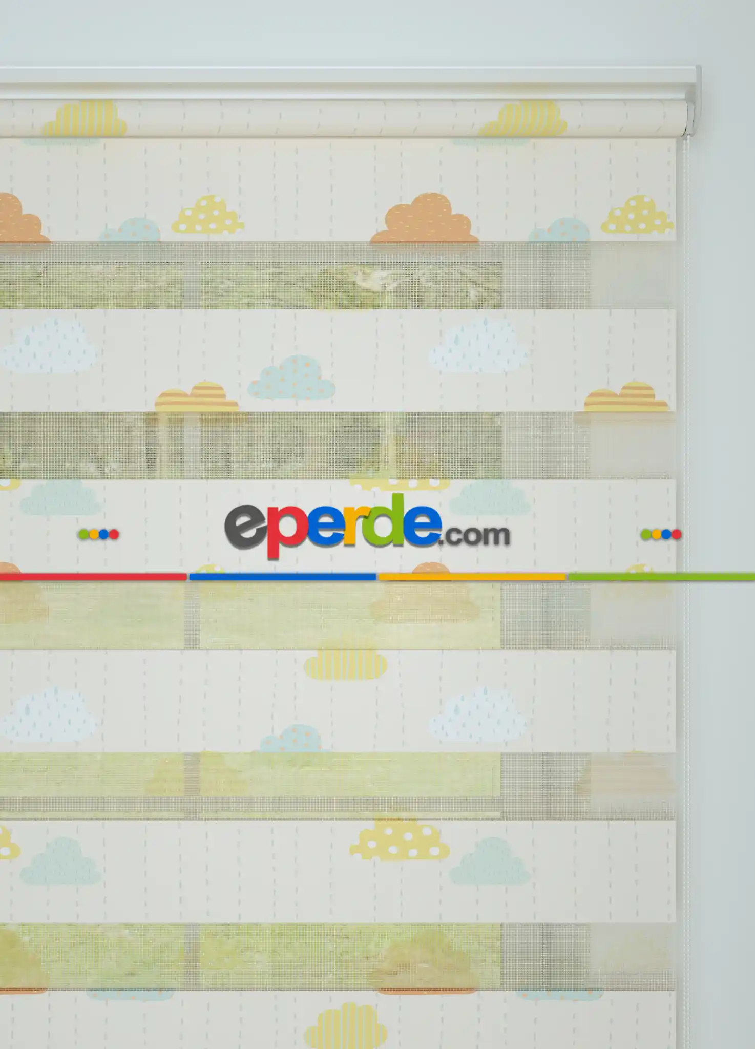 Bebek Odası - Turuncu Mavi Bulut Ve Yağmur Desenli Baskılı Zebra Perde