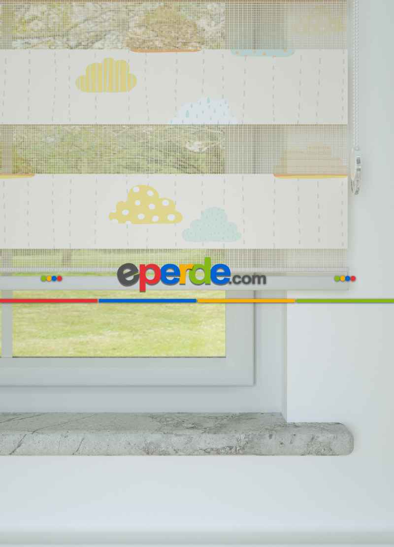 Çocuk Odası - Turuncu Mavi Bulut Ve Yağmur Desenli Baskılı Zebra Perde