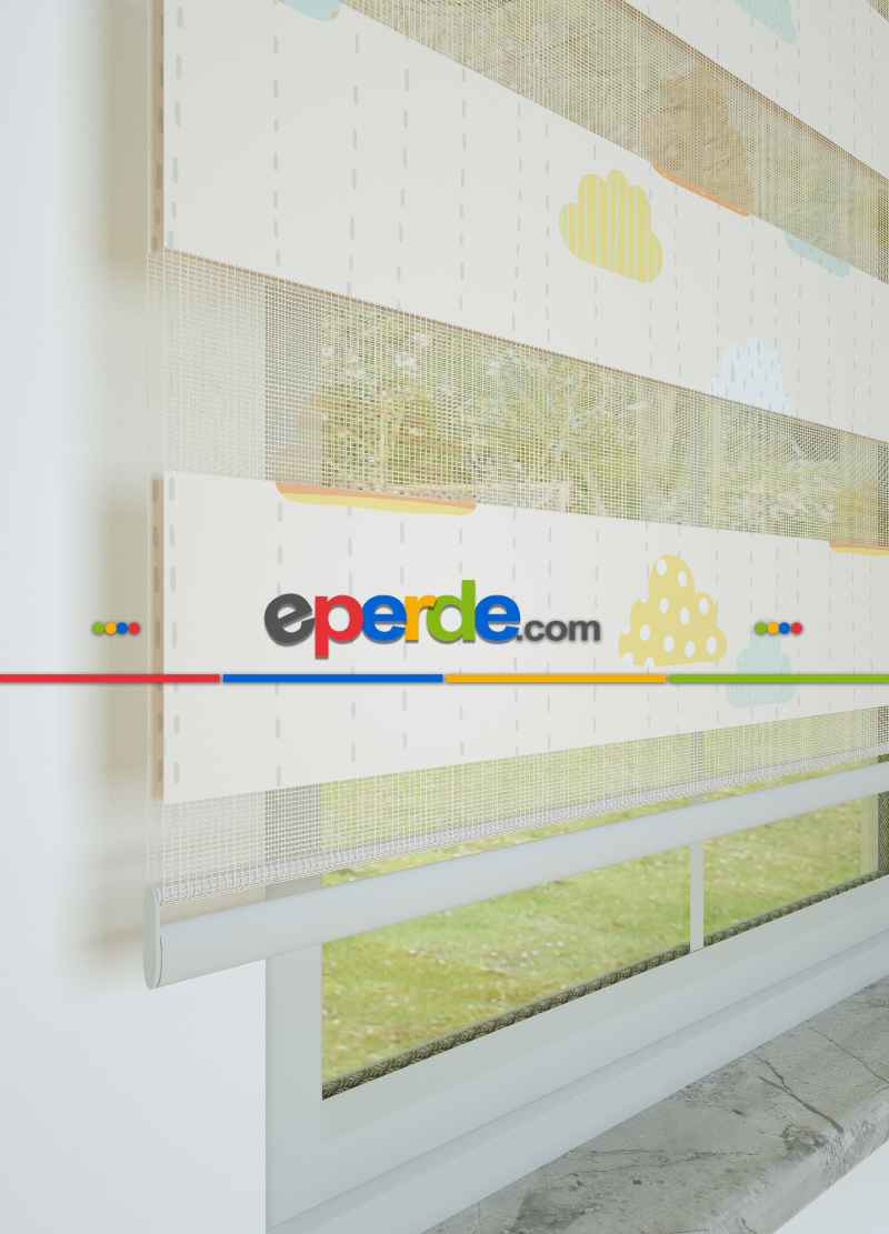 Çocuk Odası - Turuncu Mavi Bulut Ve Yağmur Desenli Baskılı Zebra Perde