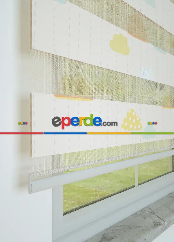 Bebek Odası - Turuncu Mavi Bulut Ve Yağmur Desenli Baskılı Zebra Perde