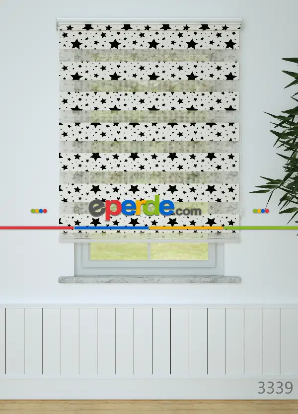 Siyah Yıldız Desenli Baskılı Zebra Perde