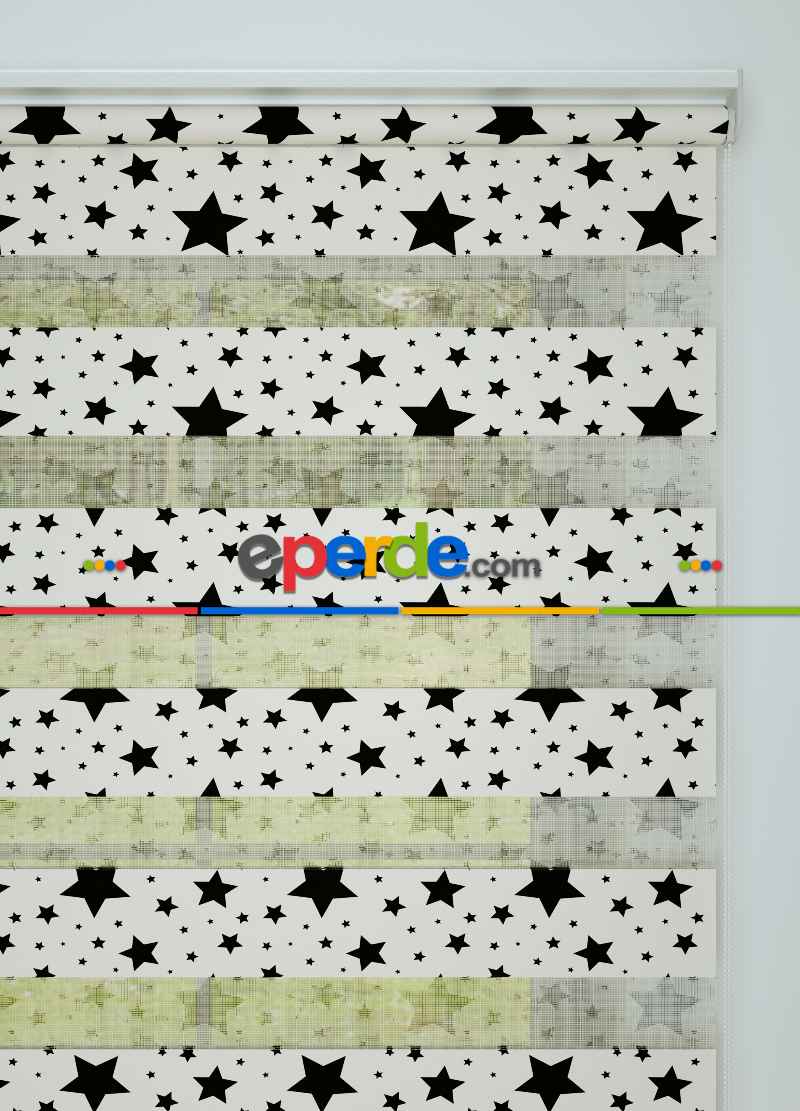 Çocuk Odası - Siyah Yıldız Desenli Baskılı Zebra Perde