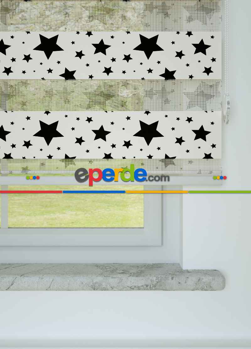 Çocuk Odası - Siyah Yıldız Desenli Baskılı Zebra Perde