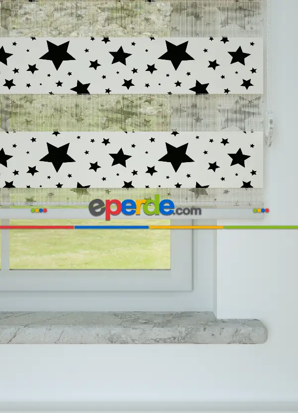 Siyah Yıldız Desenli Baskılı Zebra Perde