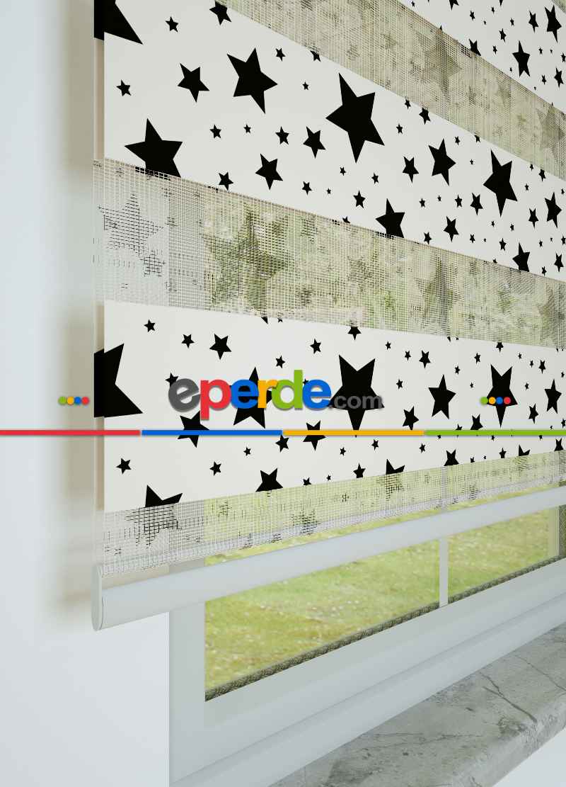 Çocuk Odası - Siyah Yıldız Desenli Baskılı Zebra Perde