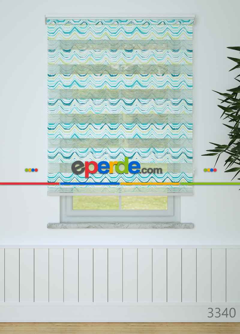 Çocuk Odası - Turkuaz Dalga Desenli Baskılı Zebra Perde