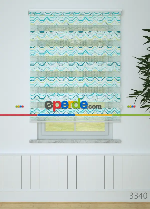 Turkuaz Dalga Desenli Baskılı Zebra Perde