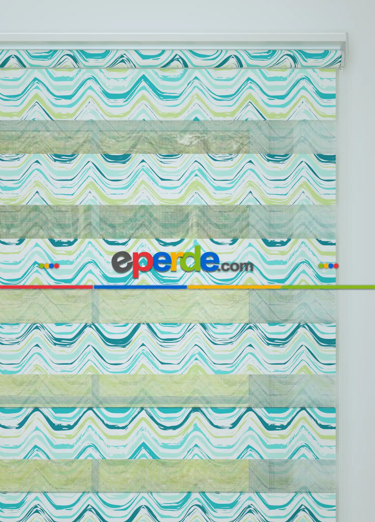 Turkuaz Dalga Desenli Baskılı Zebra Perde