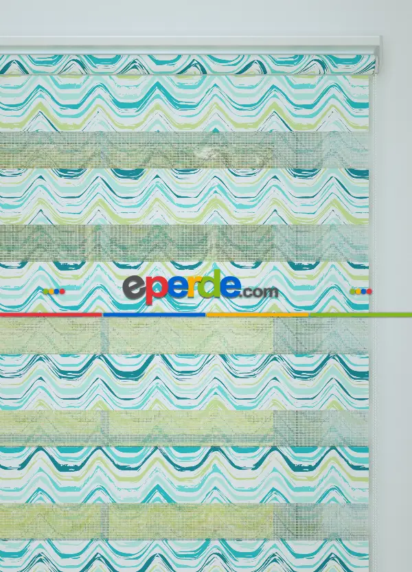 Turkuaz Dalga Desenli Baskılı Zebra Perde