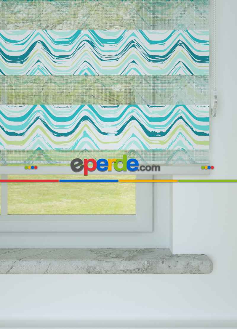 Çocuk Odası - Turkuaz Dalga Desenli Baskılı Zebra Perde