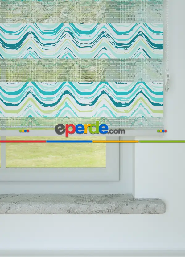 Turkuaz Dalga Desenli Baskılı Zebra Perde