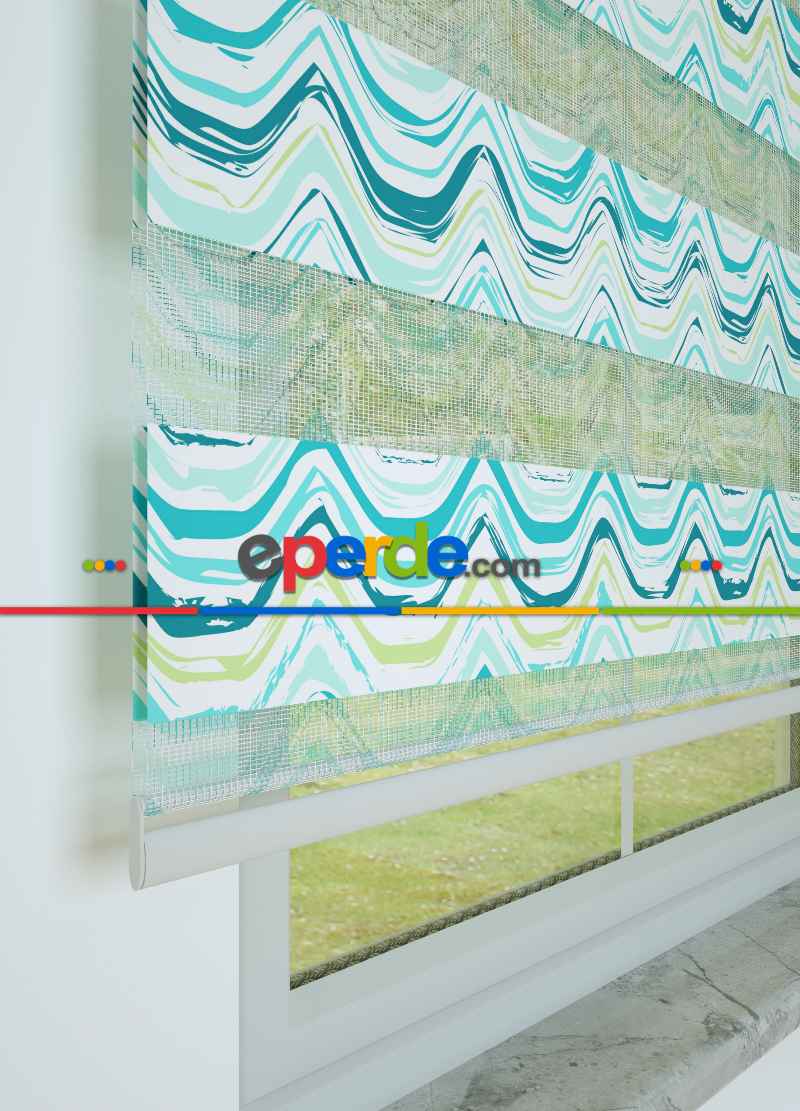 Çocuk Odası - Turkuaz Dalga Desenli Baskılı Zebra Perde