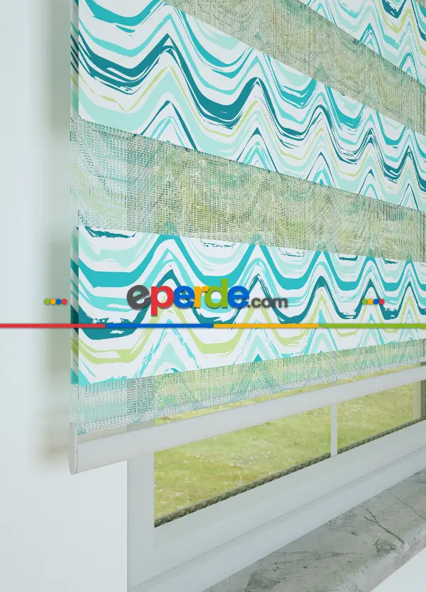 Turkuaz Dalga Desenli Baskılı Zebra Perde