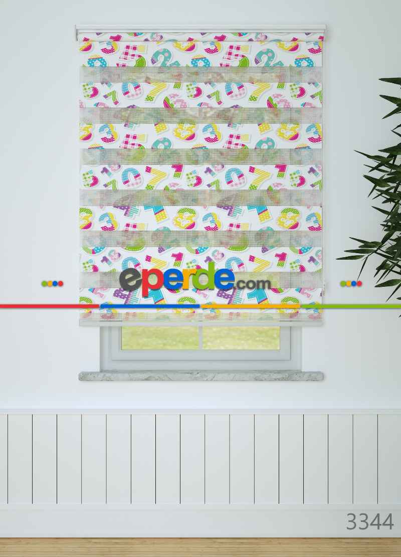 Çocuk Odası - Mavi Pembe Sayı Desenli Baskılı Zebra Perde