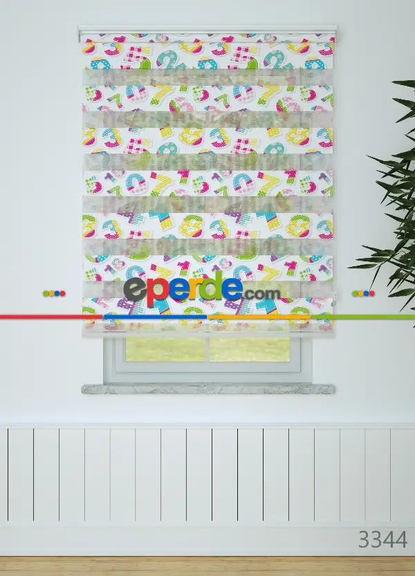 Mavi Pembe Sayı Desenli Baskılı Zebra Perde