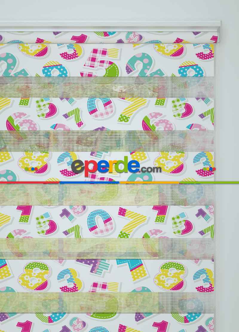 Çocuk Odası - Mavi Pembe Sayı Desenli Baskılı Zebra Perde