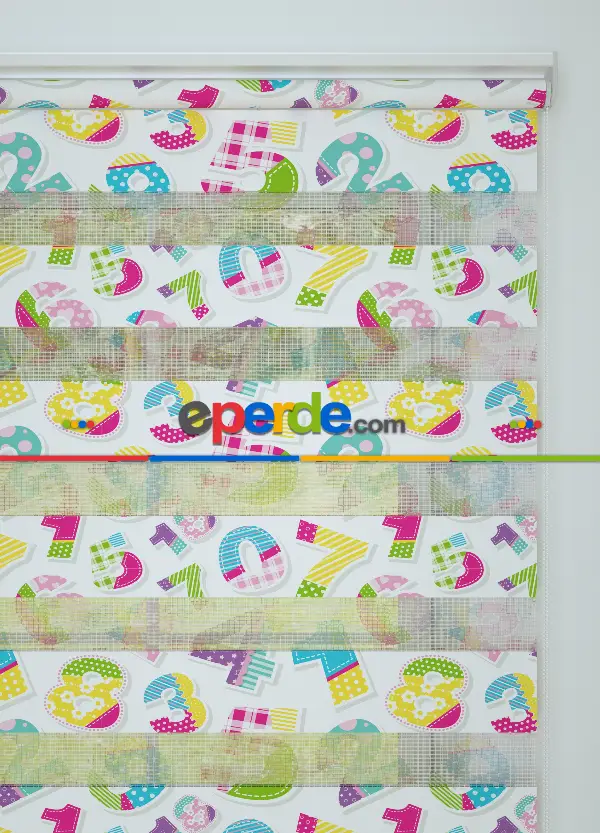 Mavi Pembe Sayı Desenli Baskılı Zebra Perde