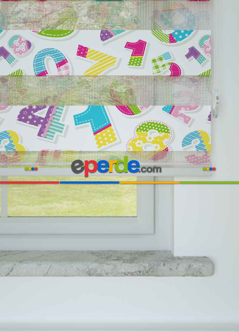 Çocuk Odası - Mavi Pembe Sayı Desenli Baskılı Zebra Perde