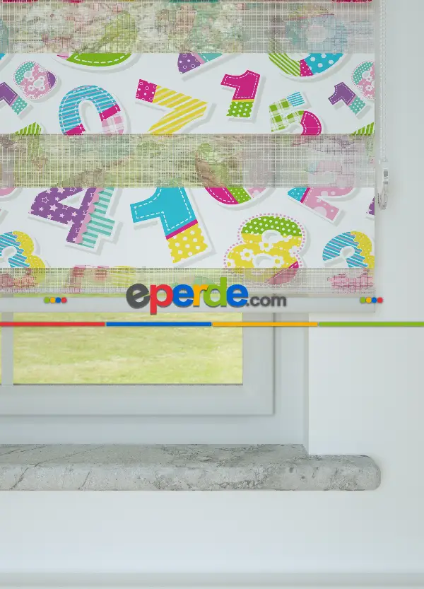 Mavi Pembe Sayı Desenli Baskılı Zebra Perde