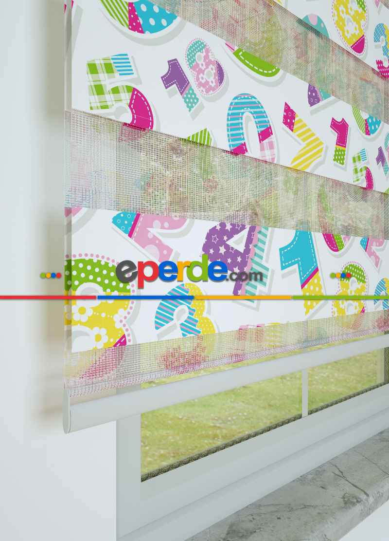 Çocuk Odası - Mavi Pembe Sayı Desenli Baskılı Zebra Perde