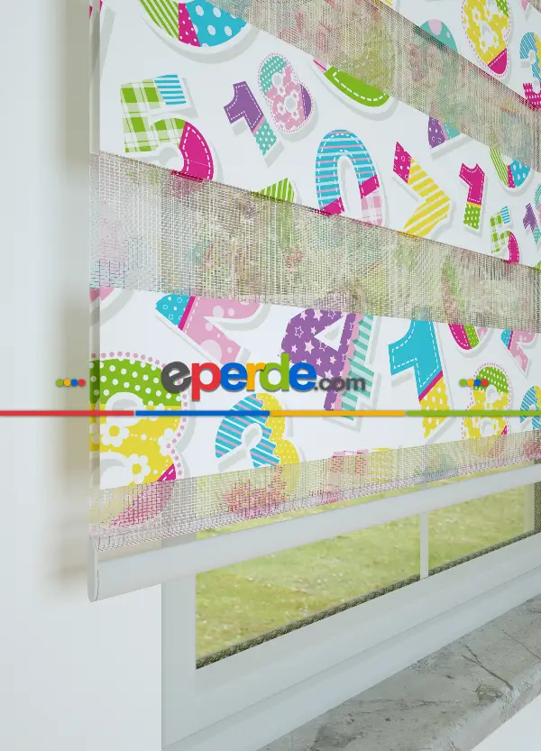 Mavi Pembe Sayı Desenli Baskılı Zebra Perde