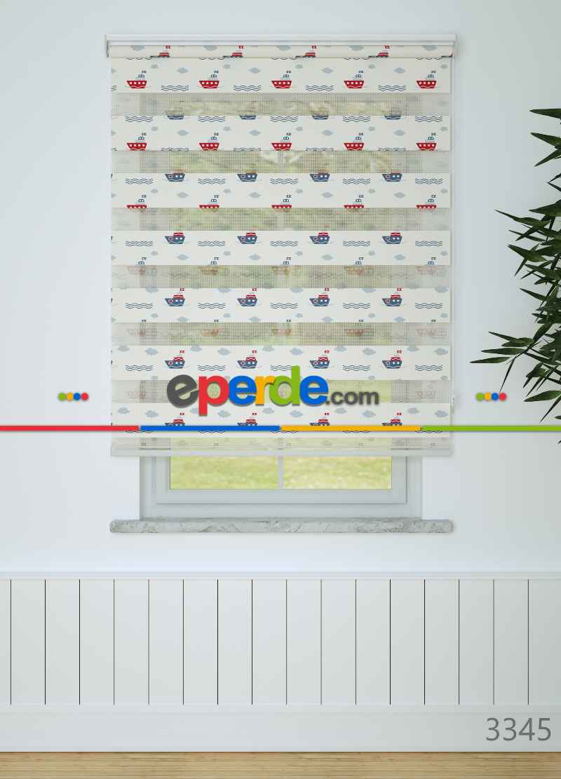 Bebek Odası - Kırmızı Soğuk Lacivert Gemi Desenli Baskılı Zebra Perde