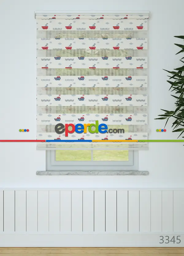 Bebek Odası - Kırmızı Soğuk Lacivert Gemi Desenli Baskılı Zebra Perde