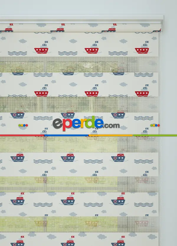 Bebek Odası - Kırmızı Soğuk Lacivert Gemi Desenli Baskılı Zebra Perde