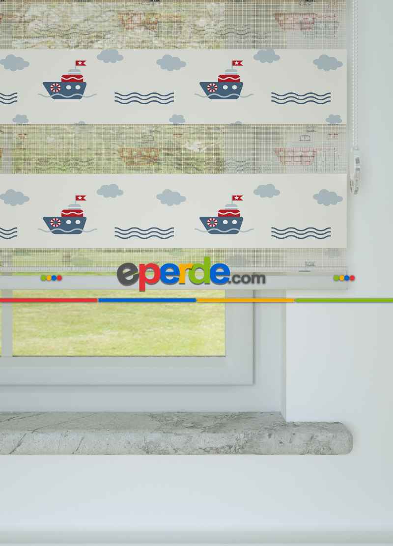 Bebek Odası - Kırmızı Soğuk Lacivert Gemi Desenli Baskılı Zebra Perde