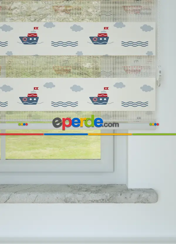 Bebek Odası - Kırmızı Soğuk Lacivert Gemi Desenli Baskılı Zebra Perde