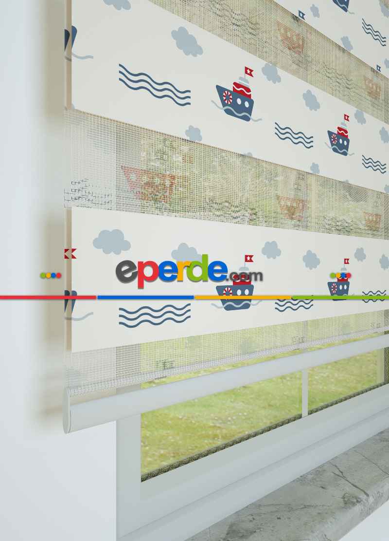 Bebek Odası - Kırmızı Soğuk Lacivert Gemi Desenli Baskılı Zebra Perde