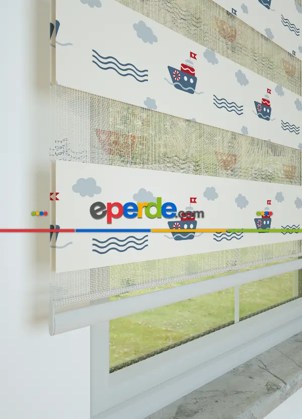 Bebek Odası - Kırmızı Soğuk Lacivert Gemi Desenli Baskılı Zebra Perde